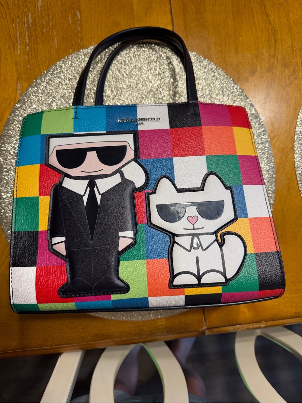 Karl Lagerfeld Multicolor Checker Tote with Black Handles and Character Patches